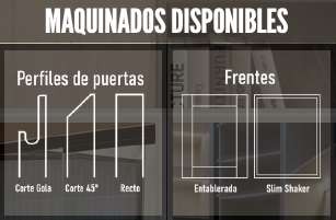 Maquinados disponibles. Perfiles de puertas: Corte Gola, Corte 45° y Recto. Frentes: Entablerada y Slim Shaker
