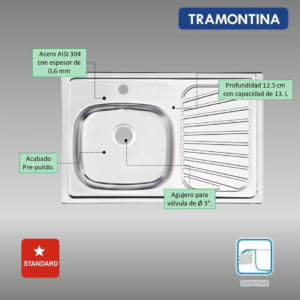 TARJA DE ACERO INOXIDABLE EMPOTRAR 80 CM  TRAMONTINA MODELO 93848515