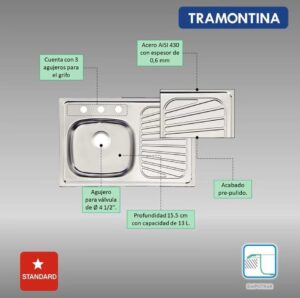 TARJA DE ACERO INOXIDABLE EMPOTRAR 80 CM  TRAMONTINA MODELO 93848535