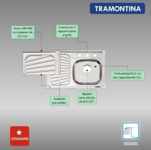 TARJA DE ACERO INOXIDABLE EMPOTRAR 80 CM TRAMONTINA MODELO 93849535